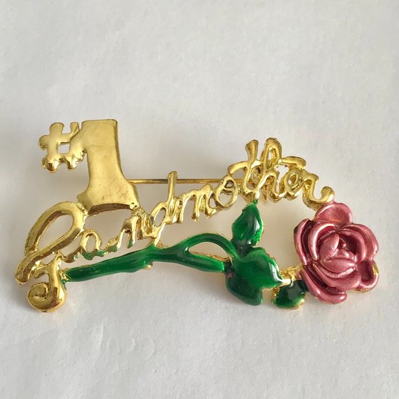Vintage #1 Grandmother Brooch Pin Gold Plated Pink Rose Grandma Mothers Day Gift - Picture 5 of 9